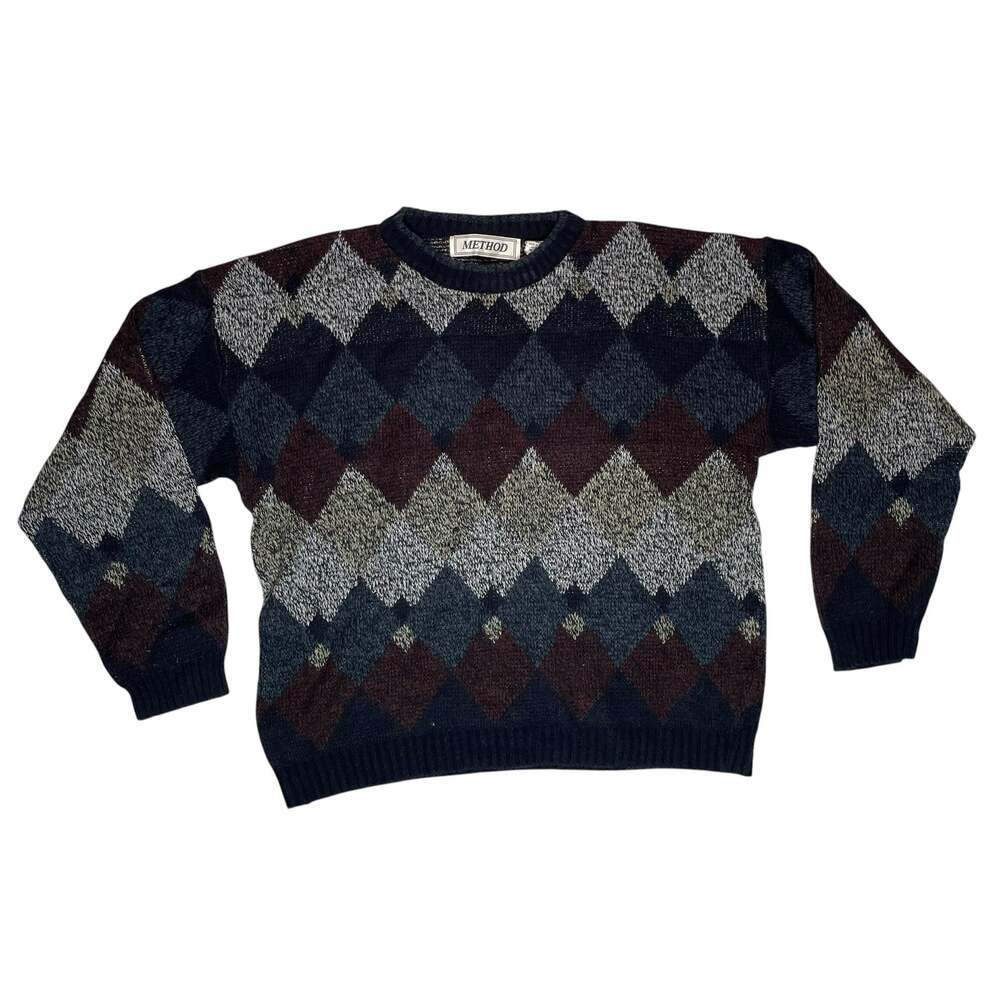 Method Argyle Sweater XL Navy Burgundy Diamond Pattern Crewneck